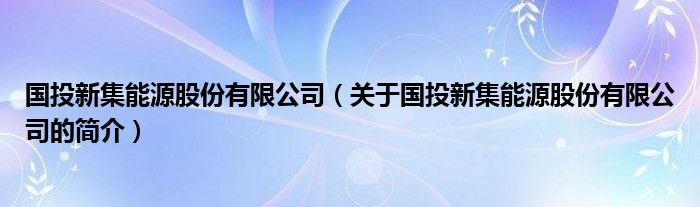 國投新集能源股份有限公司（關于國投新集能源股份有限公司的簡介）