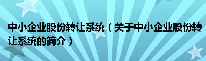 中小企業(yè)股份轉讓系統(tǒng)（關于中小企業(yè)股份轉讓系統(tǒng)的簡介）