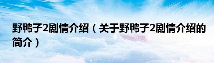 野鴨子2劇情介紹（關(guān)于野鴨子2劇情介紹的簡(jiǎn)介）