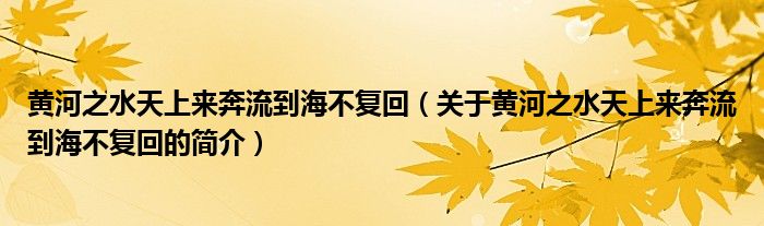 黃河之水天上來奔流到海不復(fù)回（關(guān)于黃河之水天上來奔流到海不復(fù)回的簡介）